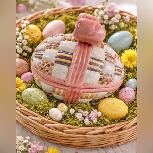 Vintage Ceramic Patchwork Quilt Easter Egg Trinket Box